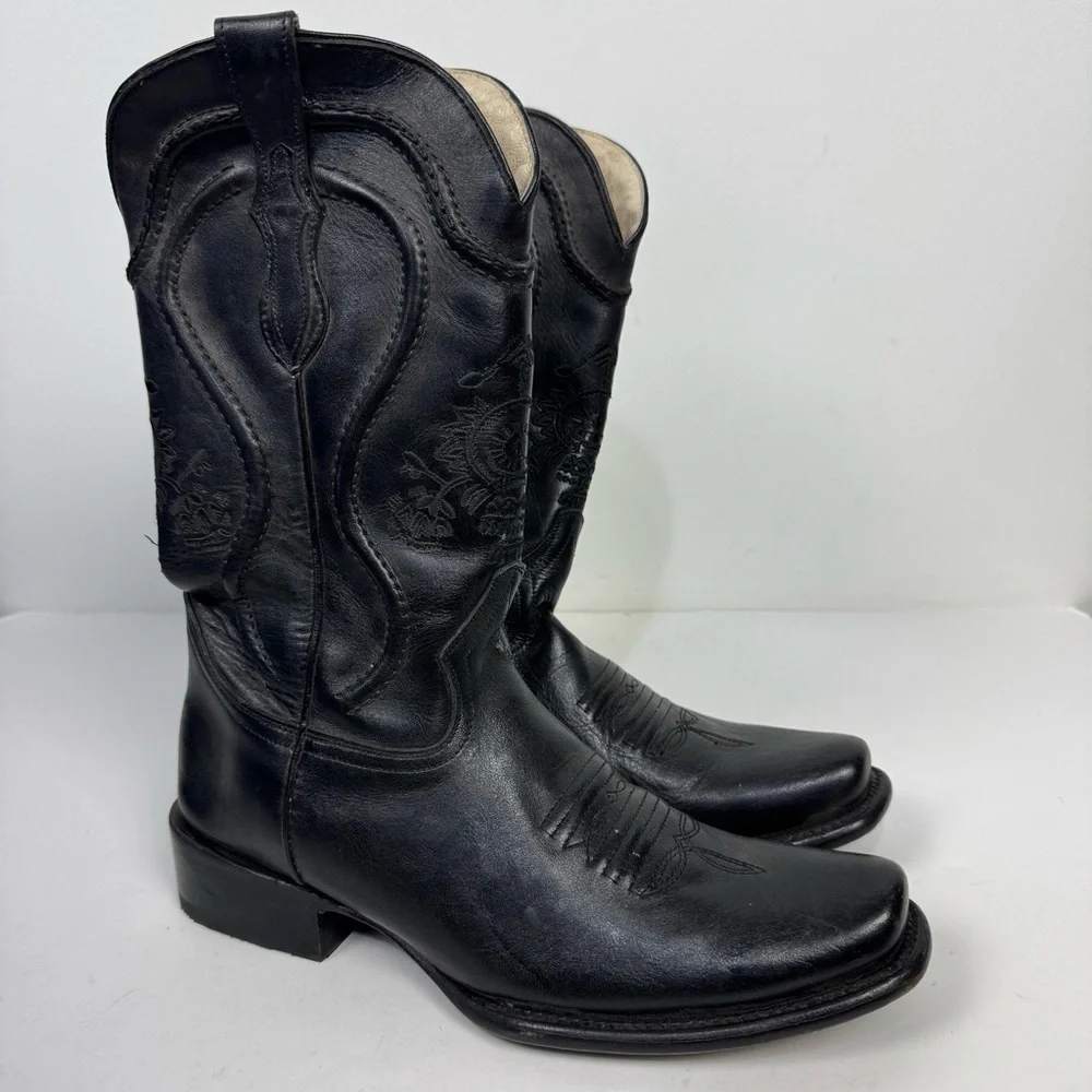 Pistolero Black Leather Embroidered Square Toe Western Cowboy Boots Rodeo